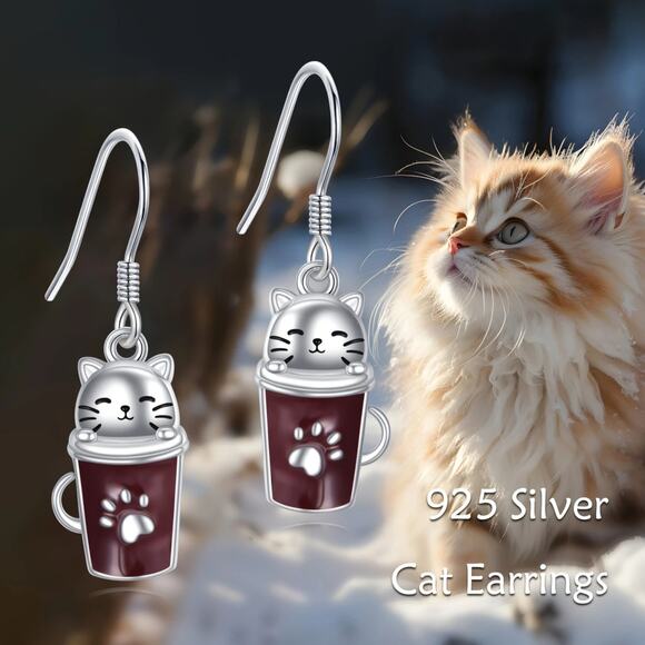 Cat Coffee Cup Earrings – Kawaii Teacup Paw Print Dangle Jewelry, New - Picture 9 of 12